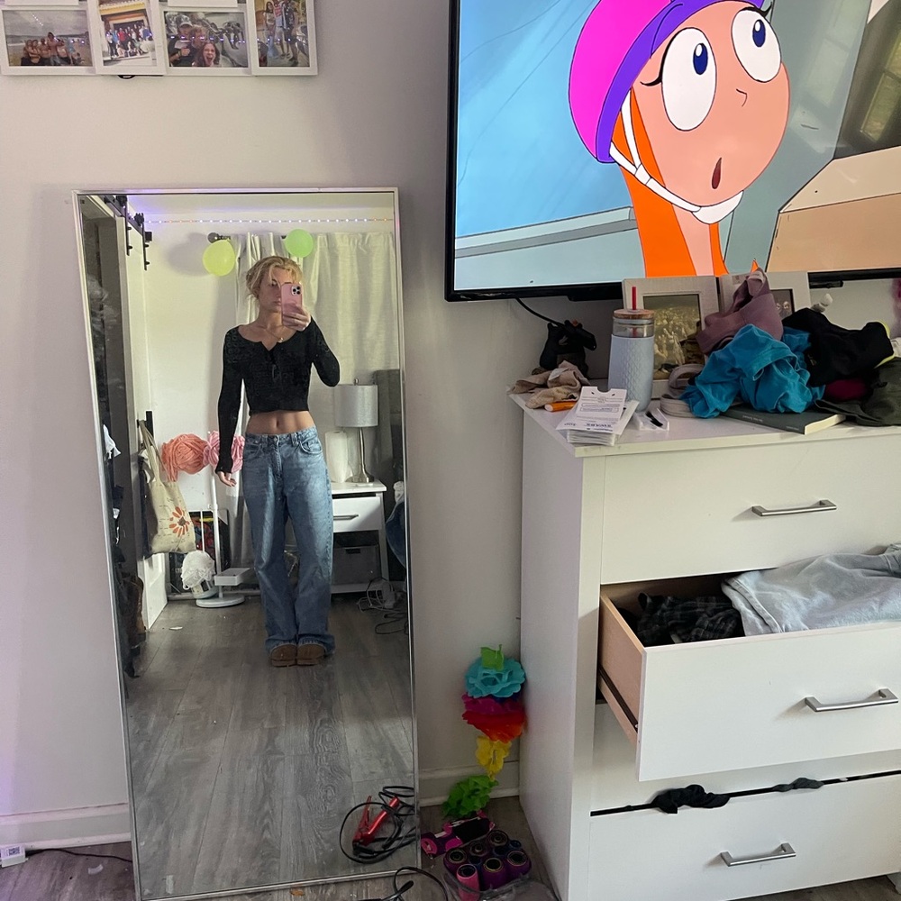 Black Lace Crop Top and Blue Jeans